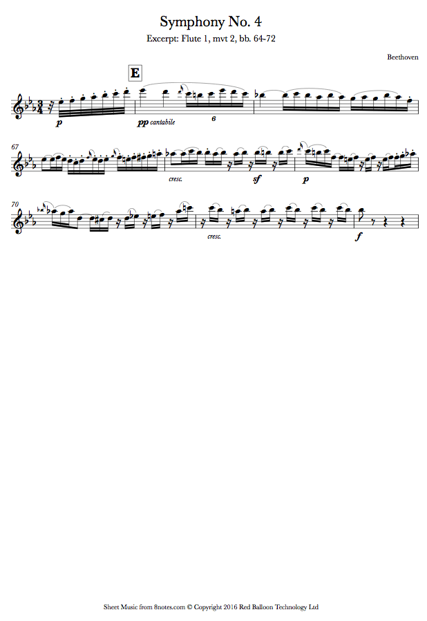 Beethoven Symphony No. 4 Orchestral Excerpt Excerpt Flute 1, mvt 2, bb. 6472 sheet music