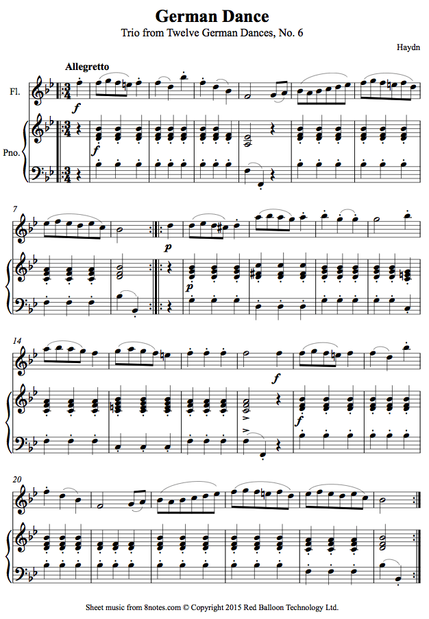 Haydn Trio from Twelve German Dances, No. 6 sheet music for Flute
