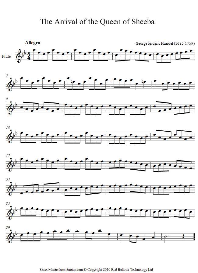 Handel - The Arrival of the Queen of Sheeba sheet music for Flute Handel - The Arrival of the Queen of Sheeba sheet music for Flute