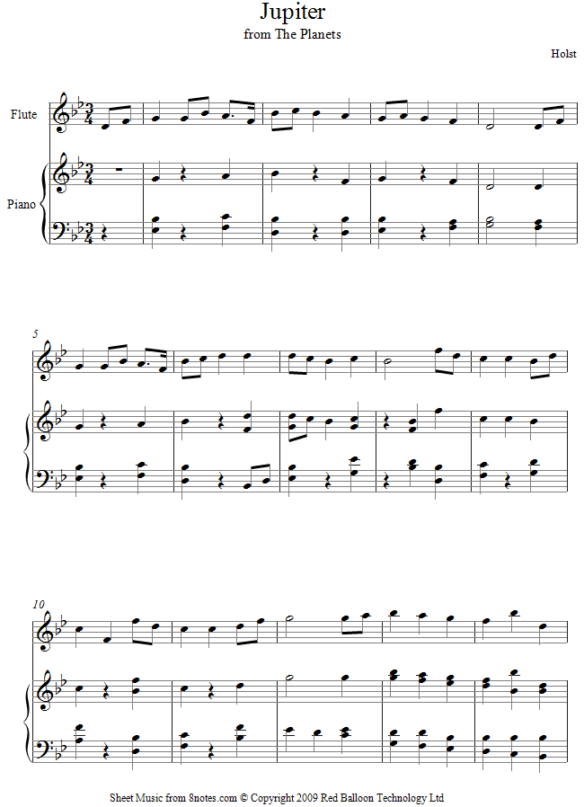 Holst - Jupiter from the Planets (theme) sheet music for Flute Holst - Jupiter from the Planets (theme) sheet music for Flute