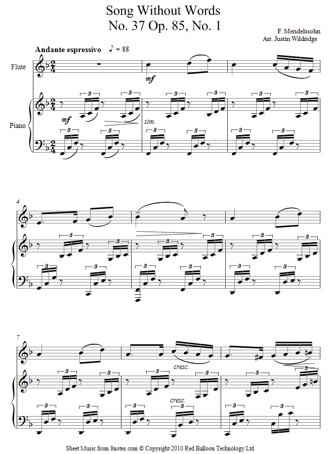 Mendelssohn - Song Without Words No. 37 Op. 85, No. 1 sheet music for Flute Mendelssohn - Song Without Words No. 37 Op. 85, No. 1 sheet music for Flute