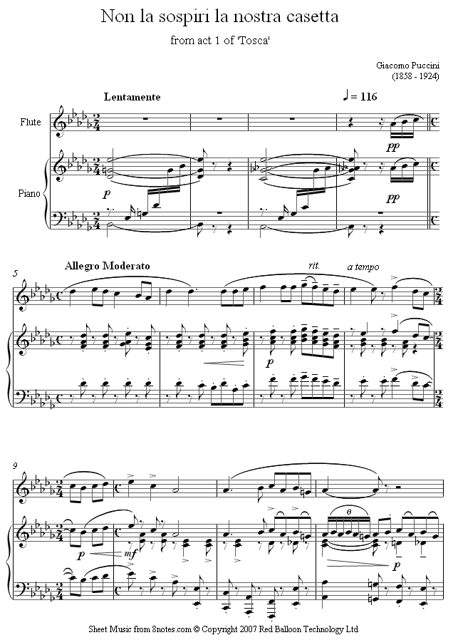 Puccini - Non la sospiri la nostra casetta from Tosca sheet music for Flute Puccini - Non la sospiri la nostra casetta from Tosca sheet music for Flute