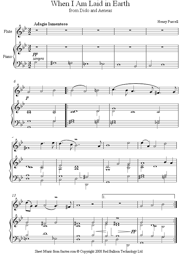 Purcell - When I Am Laid in Earth sheet music for Flute Purcell - When I Am Laid in Earth sheet music for Flute