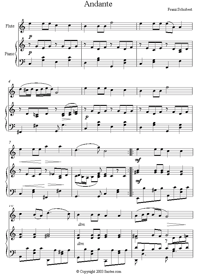 Schubert - Andante sheet music for Flute Schubert - Andante sheet music for Flute