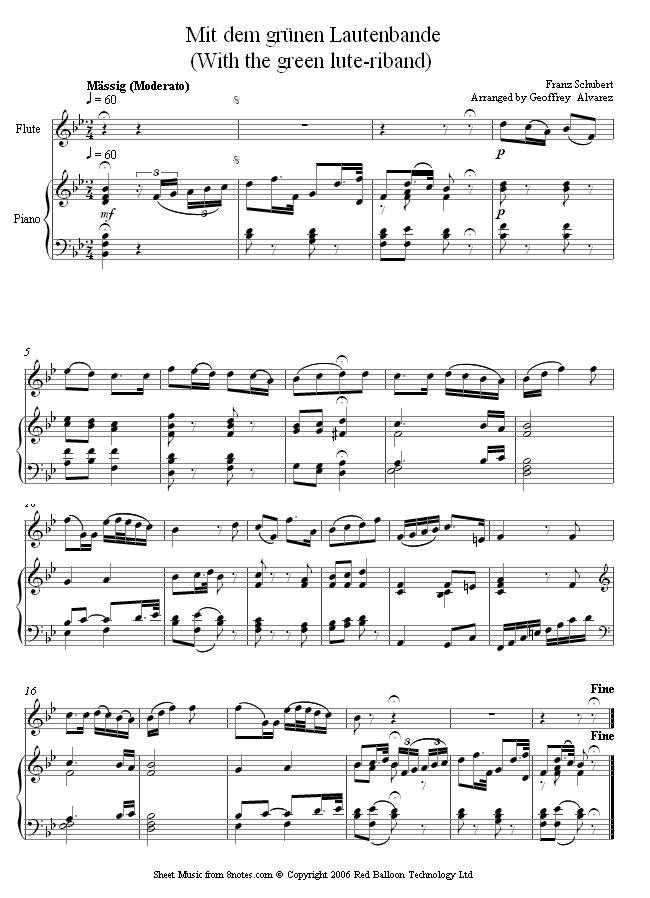 Schubert - With the green lute-riband sheet music for Flute Schubert - With the green lute-riband sheet music for Flute