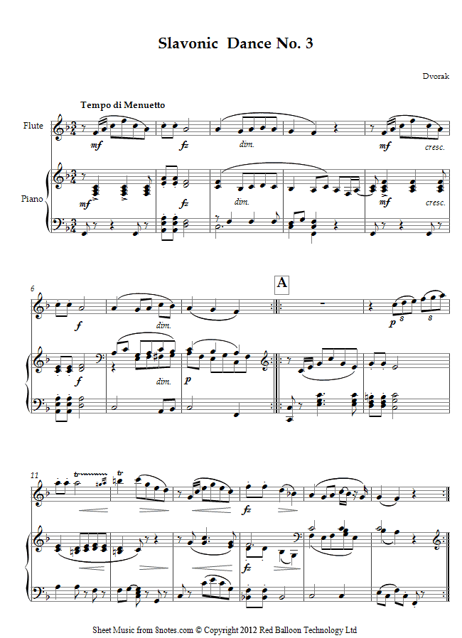 Dvořák - Slavonic Dance No. 3 sheet music for Flute Dvořák - Slavonic Dance No. 3 sheet music for Flute