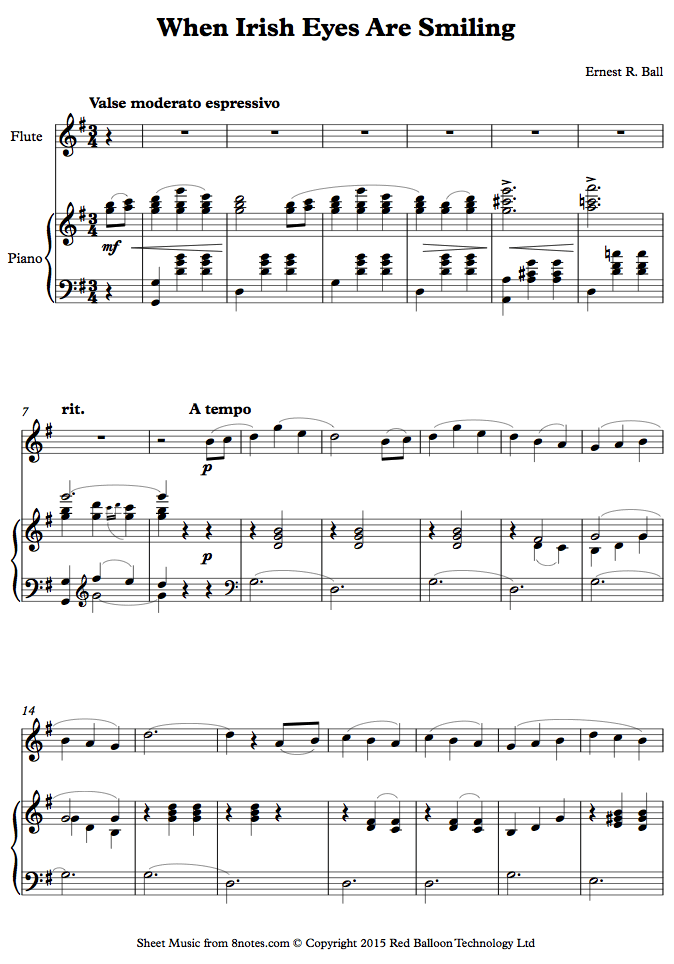 Ernest R. Ball When Irish Eyes Are Smiling sheet music for Flute