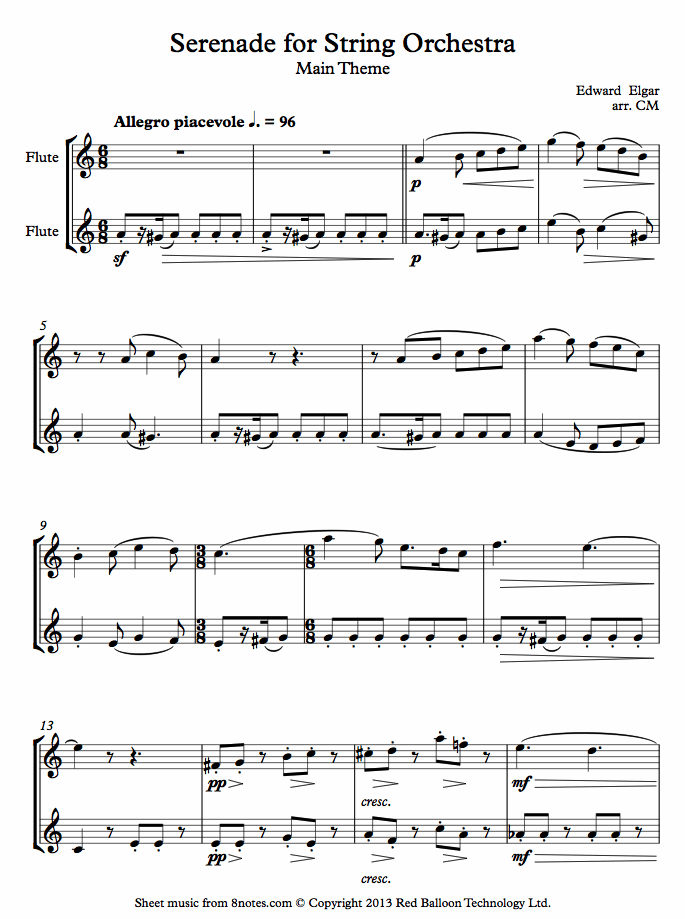 Elgar - Serenade for String Orchestra Main Theme sheet music for Flute Duet Elgar - Serenade for String Orchestra Main Theme sheet music for Flute Duet