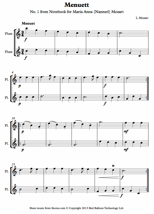Mozart - Menuett in A No. 12 from Notebook for Maria Anna (Nannerl) Mozart sheet music for Flute Duet Mozart - Menuett in A No. 12 from Notebook for Maria Anna (Nannerl) Mozart sheet music for Flute Duet