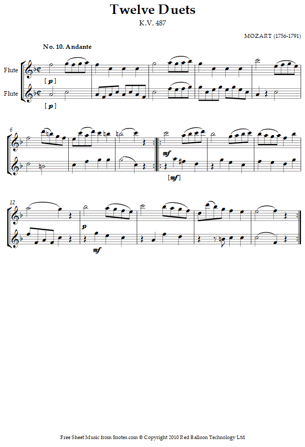 Mozart Twelve Duets k.487 no.10 sheet music for Flute Duet