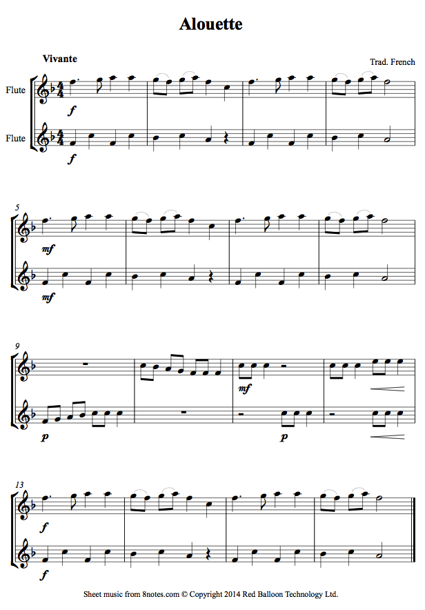 Alouette sheet music for Flute Duet