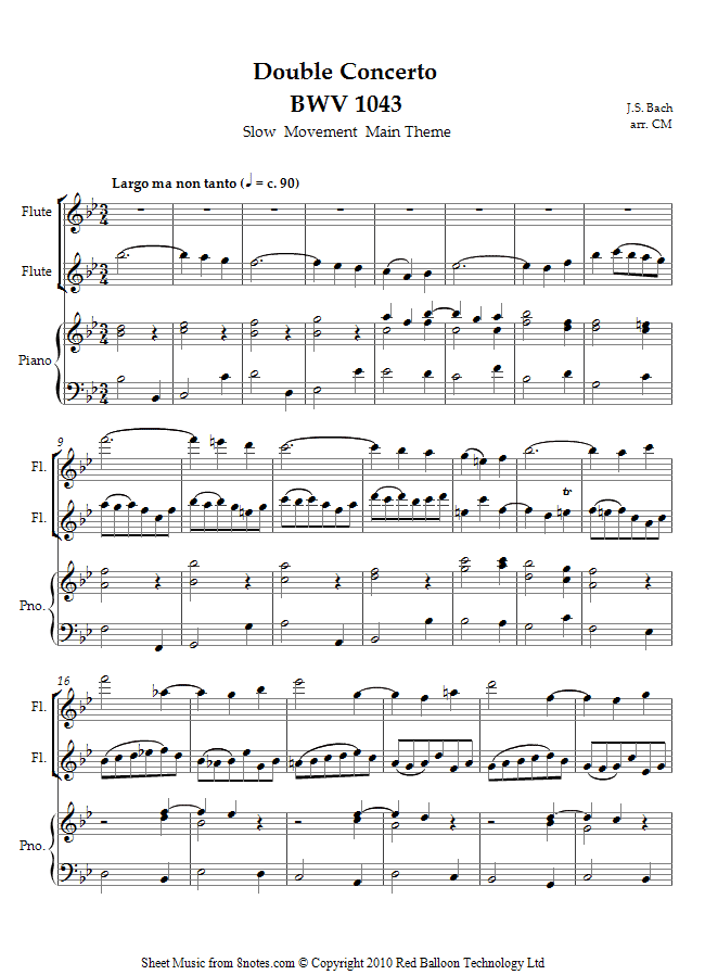 Bach - Concerto for Two Violins BWV 1043 (Slow Movement Main Theme) sheet music for Flute Duet Bach - Concerto for Two Violins BWV 1043 (Slow Movement Main Theme) sheet music for Flute Duet