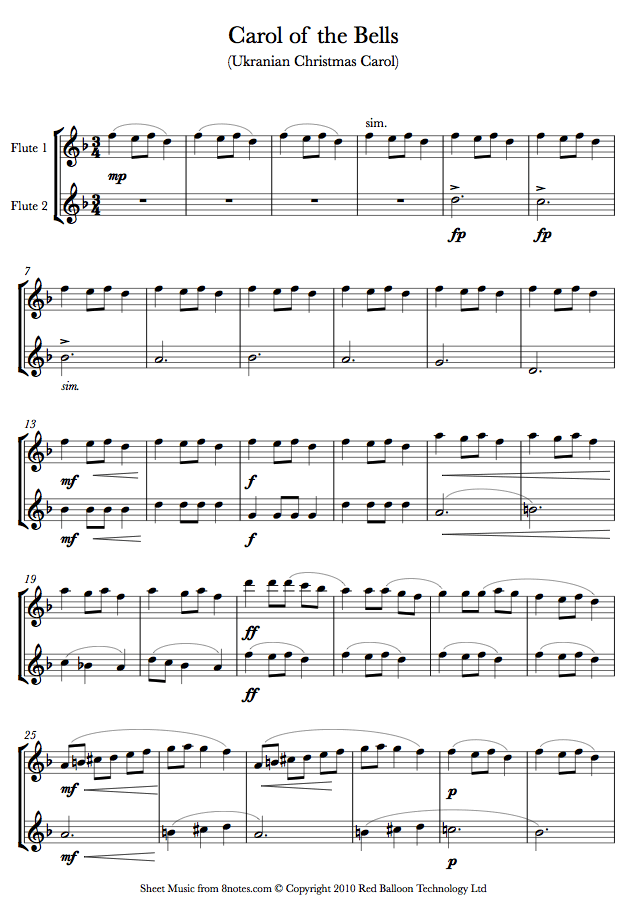 Carol of the Bells sheet music for Flute Duet - 8notes.com