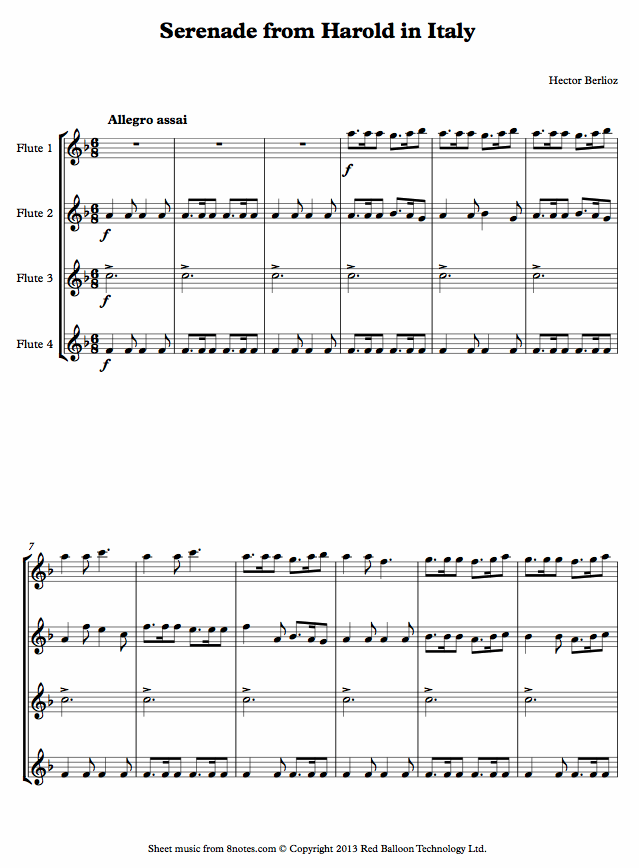 Berlioz - Serenade from Harold in Italy sheet music for Flute Quartet Berlioz - Serenade from Harold in Italy sheet music for Flute Quartet