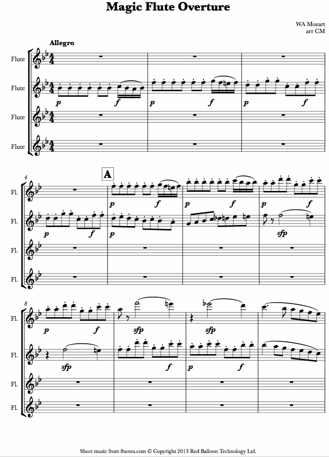 Mozart Magic Flute Overture sheet music for Flute Quartet