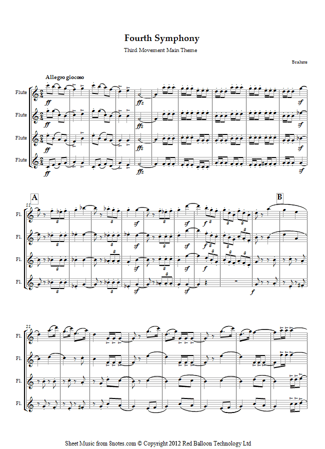 Brahms - 4th Symphony 3rd Mvt Main Theme sheet music for Flute Quartet Brahms - 4th Symphony 3rd Mvt Main Theme sheet music for Flute Quartet