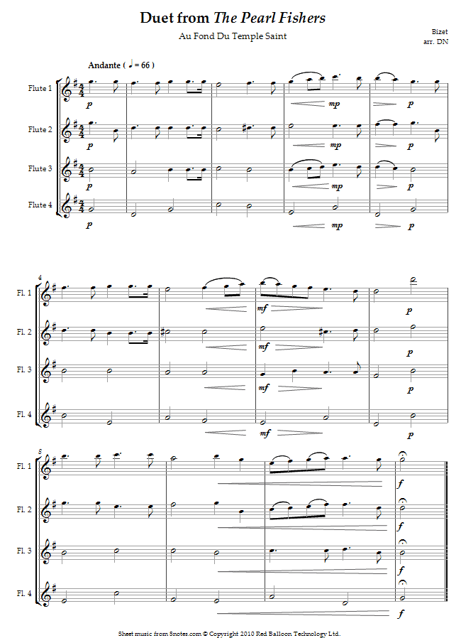 Bizet - Duet from The Pearl Fishers: Au Fond Du Temple Saint sheet music for Flute Quartet Bizet - Duet from The Pearl Fishers: Au Fond Du Temple Saint sheet music for Flute Quartet