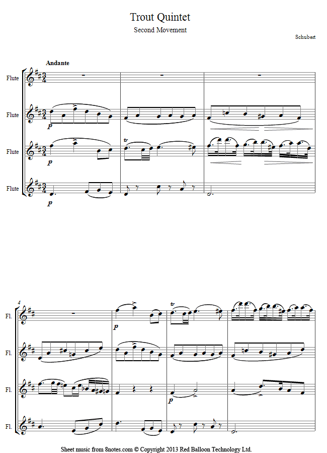 Schubert - Theme from The Trout Quintet sheet music for Flute Quartet Schubert - Theme from The Trout Quintet sheet music for Flute Quartet