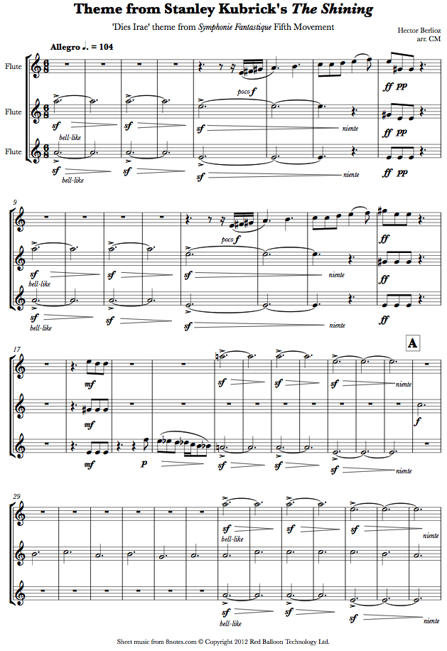 Hector Berlioz - Dies Irae theme from Symphonie Fantastique (Theme from Stanley Kubricks The Shining) sheet music for Flute Trio Hector Berlioz - Dies Irae theme from Symphonie Fantastique (Theme from Stanley Kubricks The Shining) sheet music for Flute Trio