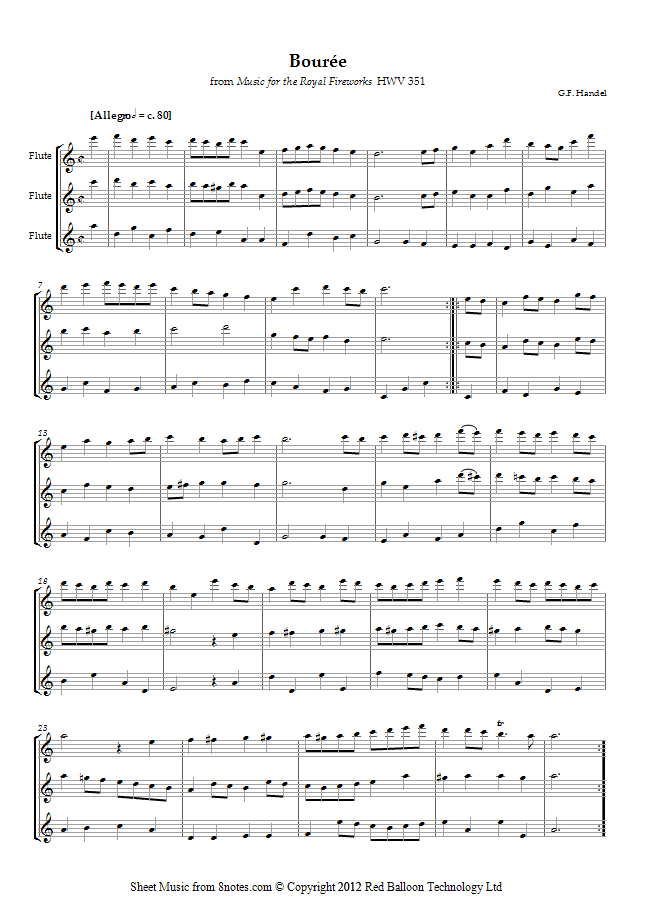 Handel - Bouree from Music for the Royal Fireworks sheet music for Flute Trio Handel - Bouree from Music for the Royal Fireworks sheet music for Flute Trio