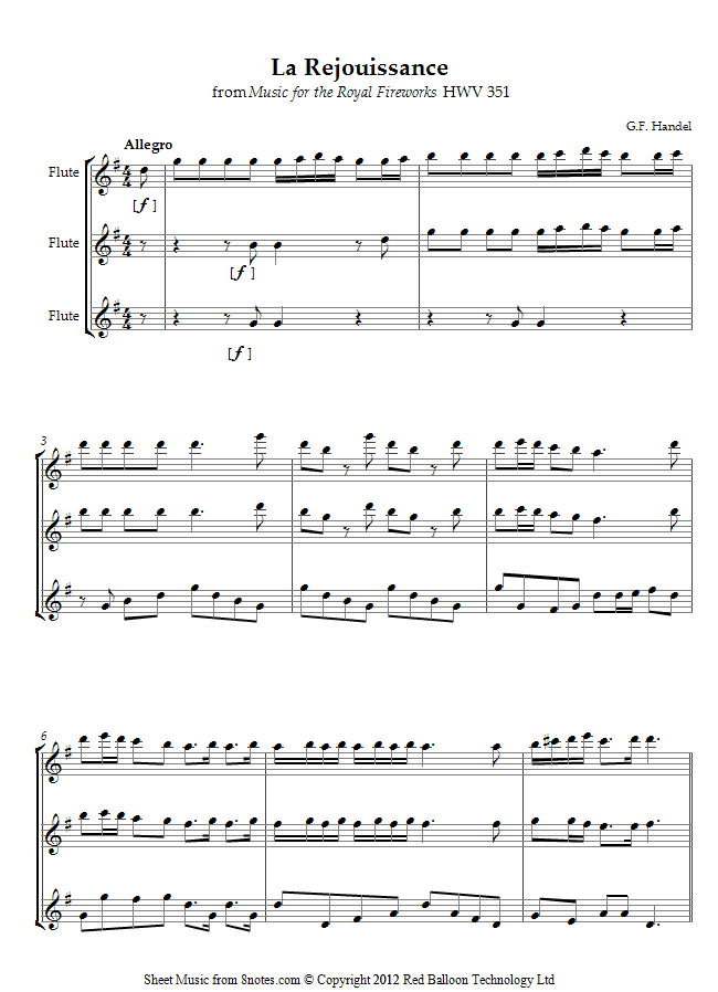Handel - La Rejouissance from Music for the Royal Fireworks HWV 351 sheet music for Flute Trio Handel - La Rejouissance from Music for the Royal Fireworks HWV 351 sheet music for Flute Trio