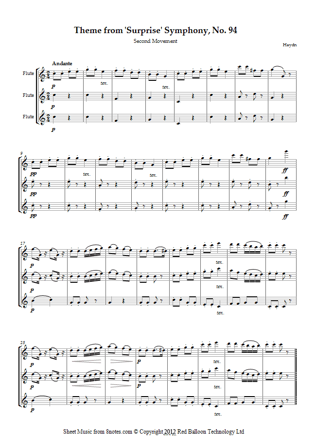 Haydn - Theme from Surprise Symphony, No. 94 mvt 2 sheet music for Flute Trio Haydn - Theme from Surprise Symphony, No. 94 mvt 2 sheet music for Flute Trio