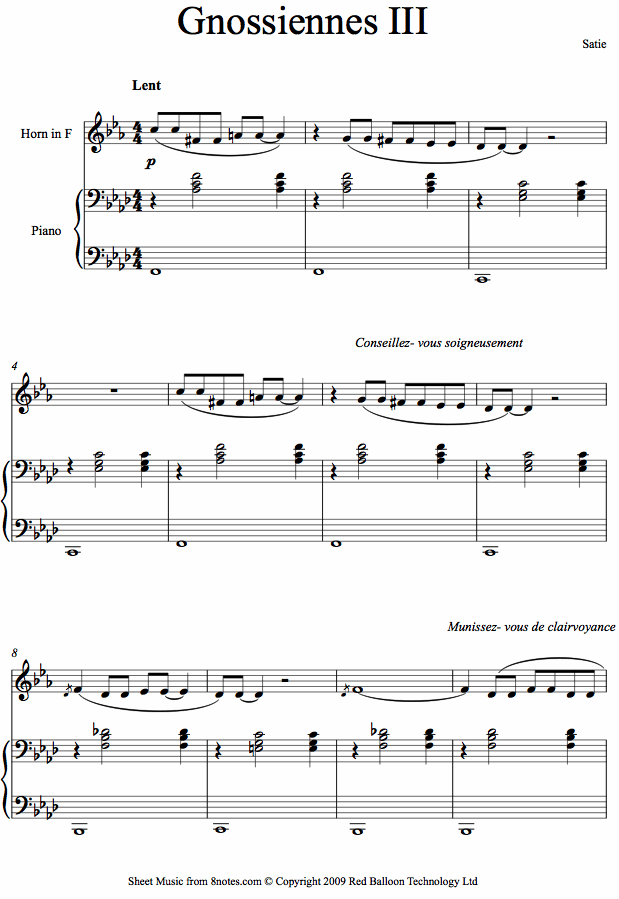Satie - Gnossiennes no. 3 sheet music for French Horn Satie - Gnossiennes no. 3 sheet music for French Horn