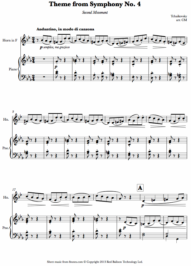 Tchaikovsky - Theme from Symphony No.4 2nd mvt sheet music for French Horn Tchaikovsky - Theme from Symphony No.4 2nd mvt sheet music for French Horn