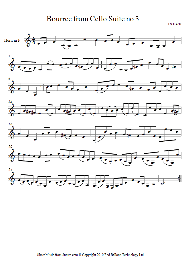 Bach - Bouree from Cello Suite No.3 sheet music for French Horn Bach - Bouree from Cello Suite No.3 sheet music for French Horn