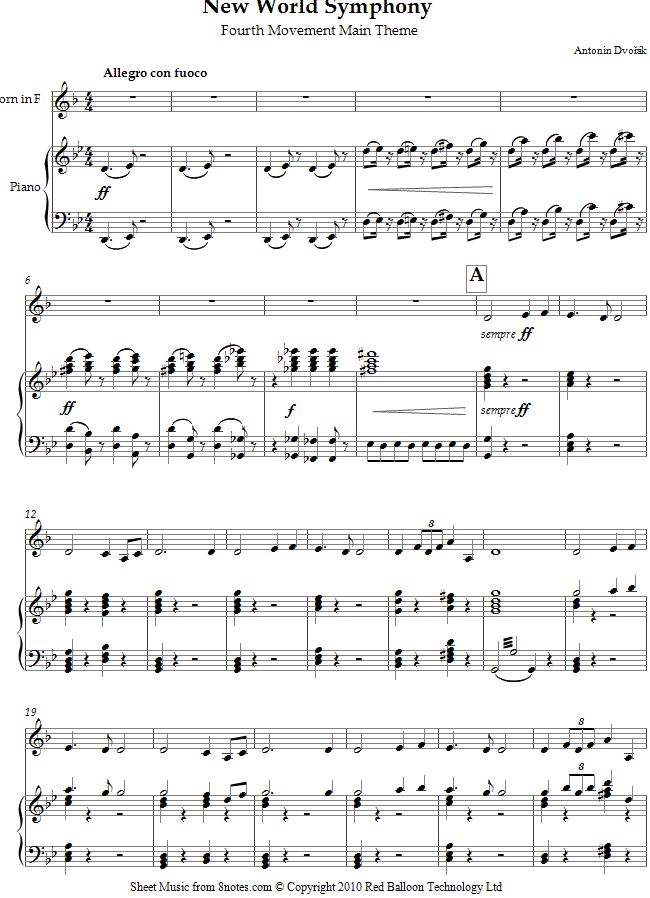 Dvořák - New World Symphony - 4th Movement Main Theme sheet music for French Horn Dvořák - New World Symphony - 4th Movement Main Theme sheet music for French Horn