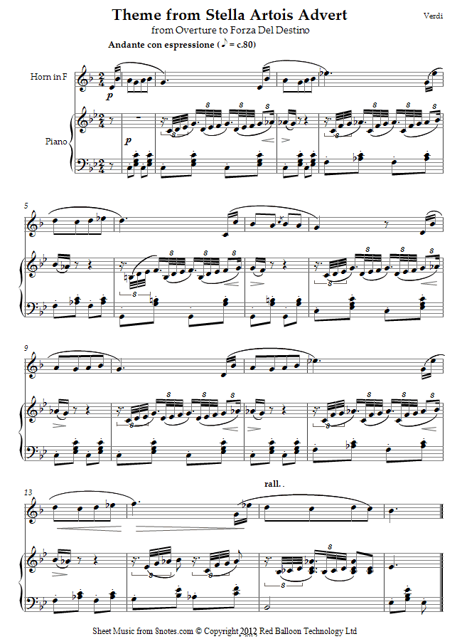Giuseppe Verdi - Theme from Stella Artois Advert (from Overture to Forza Del Destino) sheet music for French Horn Giuseppe Verdi - Theme from Stella Artois Advert (from Overture to Forza Del Destino) sheet music for French Horn