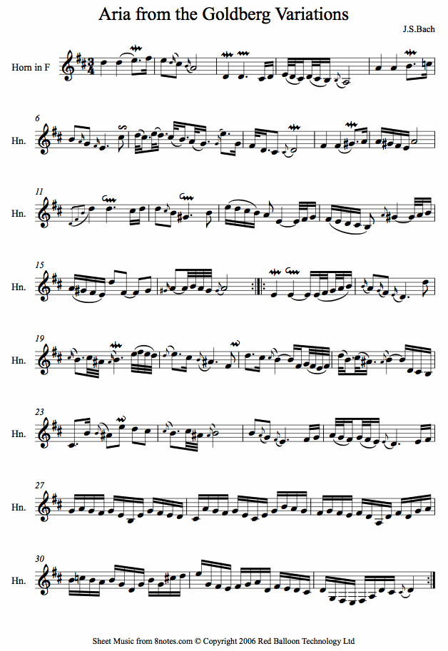 Bach - Aria from the Goldberg Variations sheet music for French Horn Bach - Aria from the Goldberg Variations sheet music for French Horn