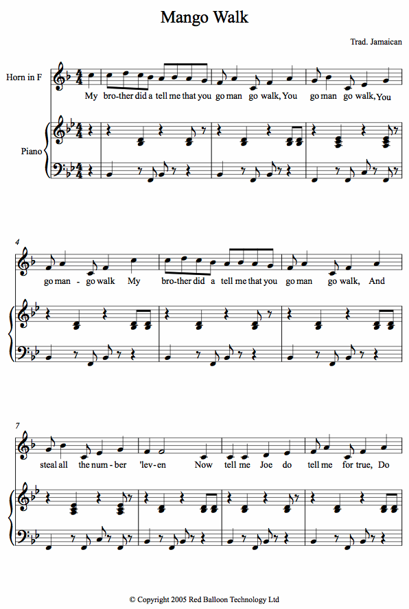 Mango Walk (trad. Jamaican) sheet music for French Horn Mango Walk (trad. Jamaican) sheet music for French Horn