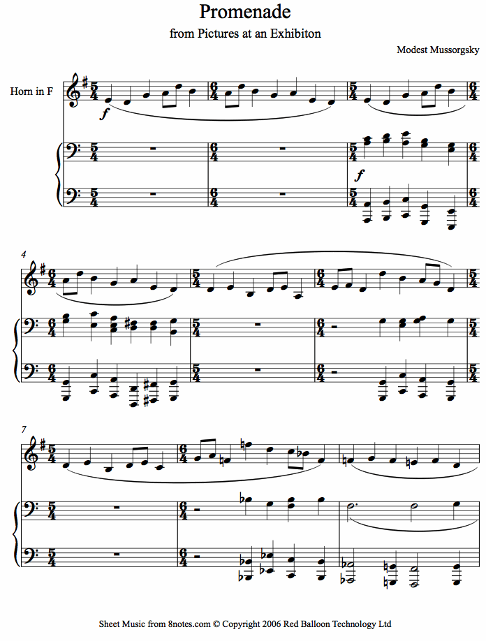 Mussorgsky - Promenade from Pictures at an Exhibition sheet music for French Horn Mussorgsky - Promenade from Pictures at an Exhibition sheet music for French Horn