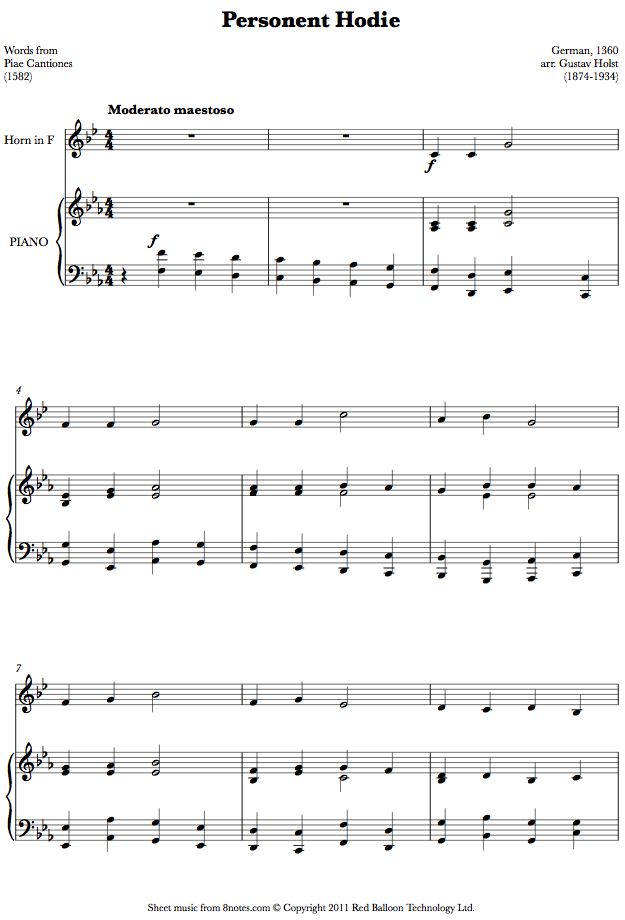 Holst - Personent Hodie (Words from Piae Cantiones) sheet music for French Horn Holst - Personent Hodie (Words from Piae Cantiones) sheet music for French Horn
