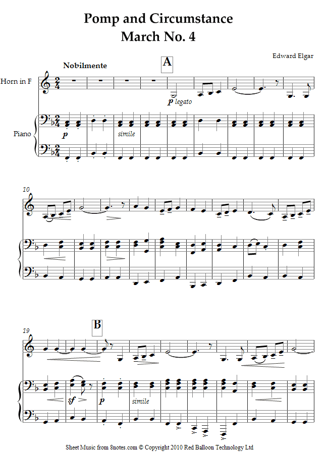 Elgar - Pomp and Circumstance March No. 4 sheet music for French Horn Elgar - Pomp and Circumstance March No. 4 sheet music for French Horn