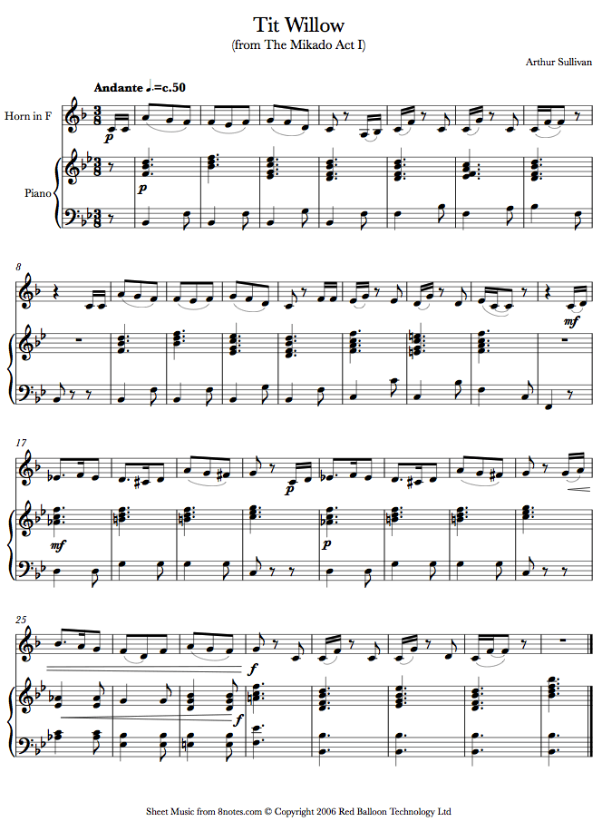 Sullivan - Tit Willow (Mikado Act 1) sheet music for French Horn Sullivan - Tit Willow (Mikado Act 1) sheet music for French Horn