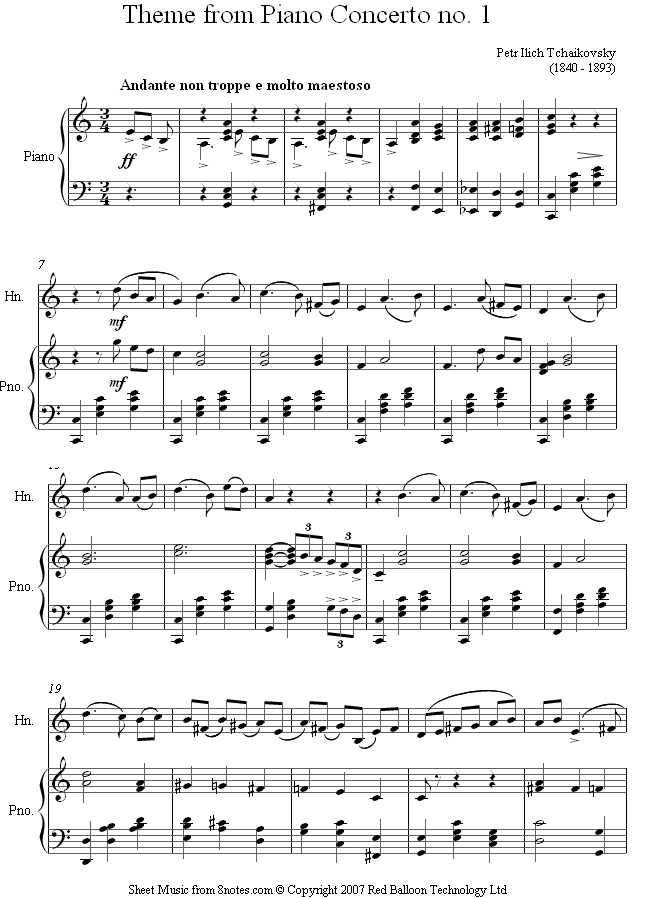 Tchaikovsky - Theme from Piano Concerto No.1 sheet music for French Horn Tchaikovsky - Theme from Piano Concerto No.1 sheet music for French Horn