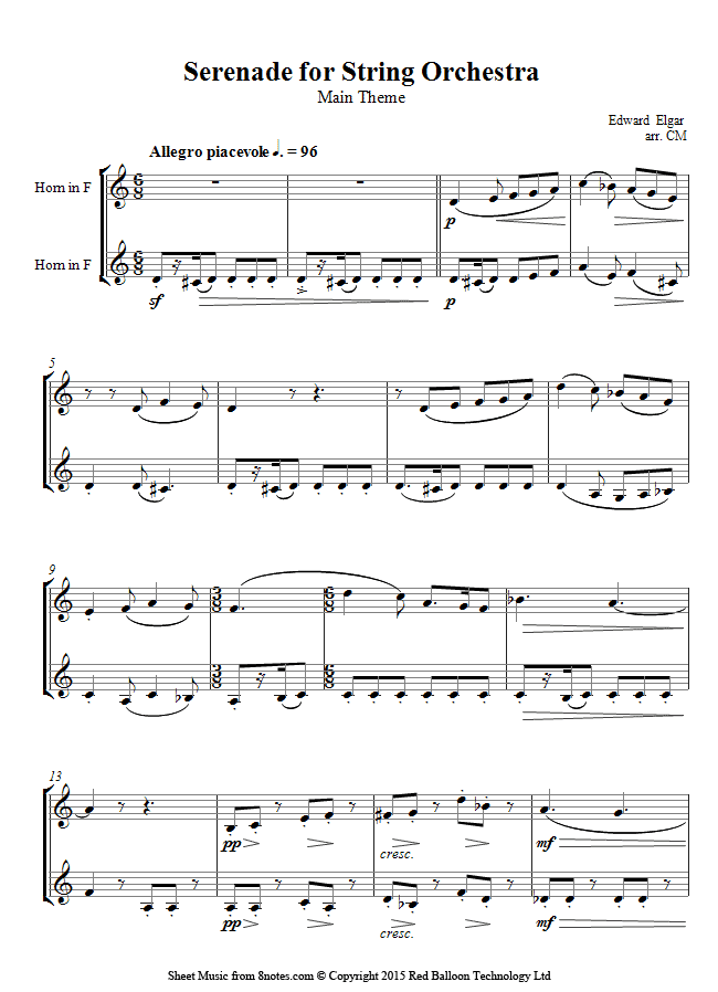 Elgar - Serenade for String Orchestra Main Theme sheet music for French Horn Duet Elgar - Serenade for String Orchestra Main Theme sheet music for French Horn Duet