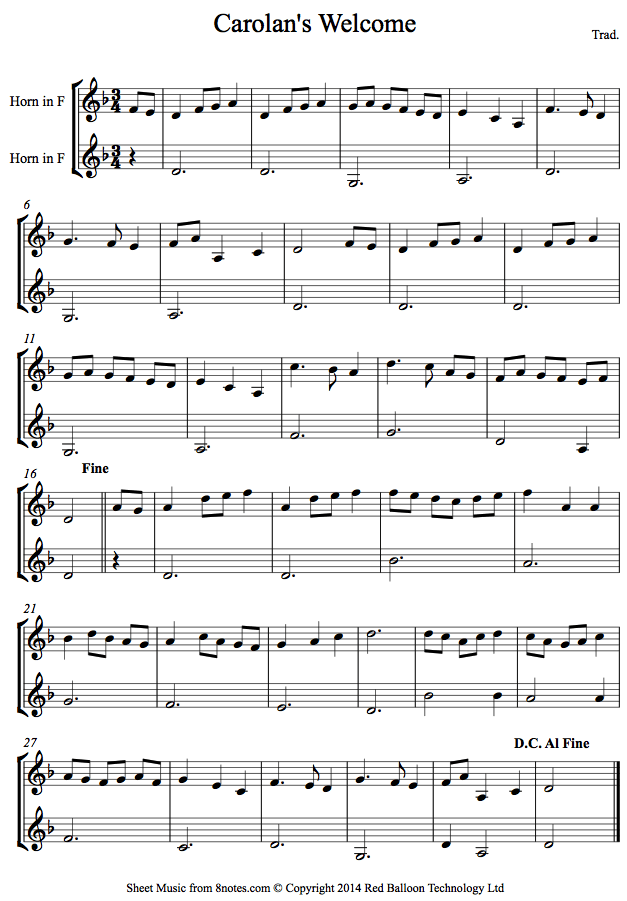 Turlough O Carolan - Carolan's Welcome sheet music for French Horn Duet Turlough O Carolan - Carolan's Welcome sheet music for French Horn Duet