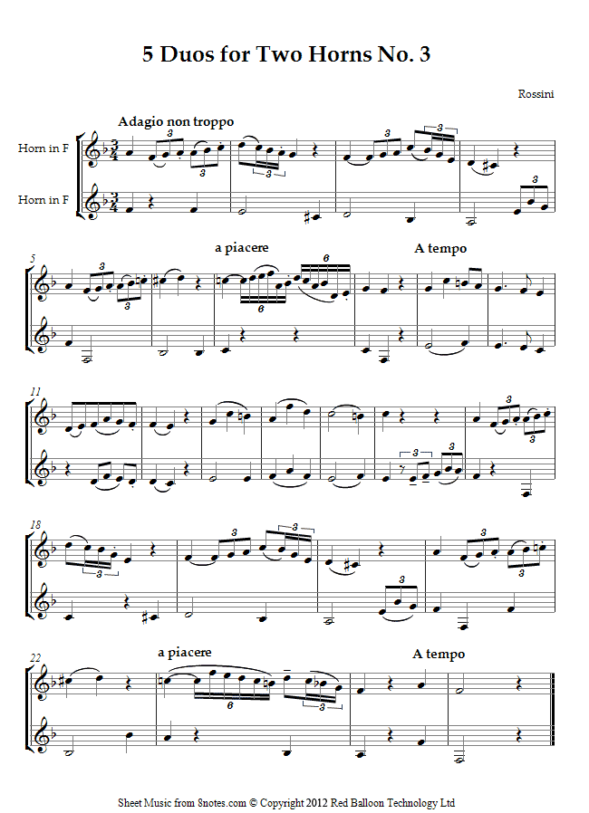 Rossini - 5 Duos No.3 Adagio sheet music for French Horn Duet Rossini - 5 Duos No.3 Adagio sheet music for French Horn Duet