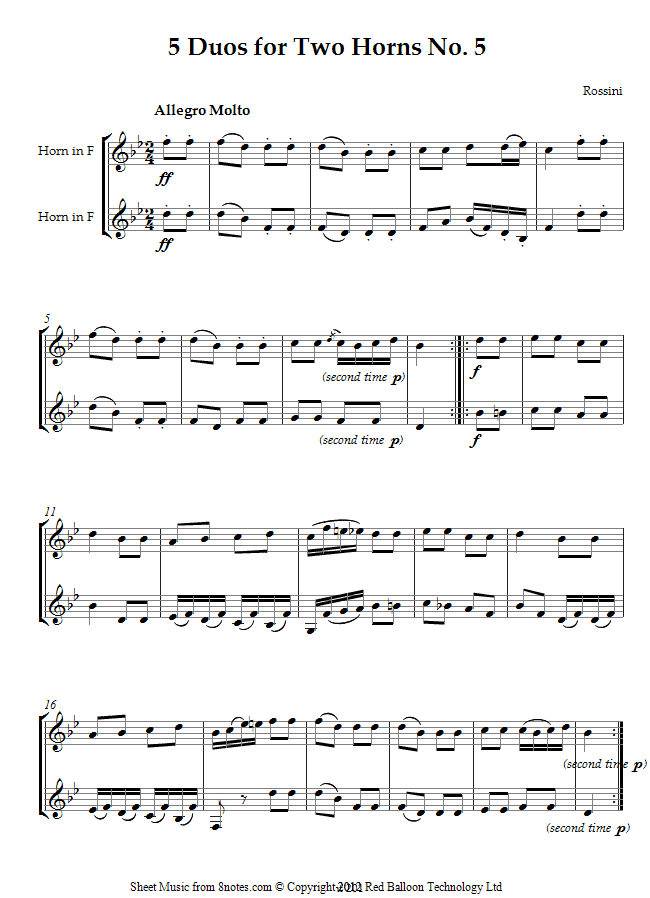 Rossini - 5 Duos No.5 Allegro Molto sheet music for French Horn Duet Rossini - 5 Duos No.5 Allegro Molto sheet music for French Horn Duet