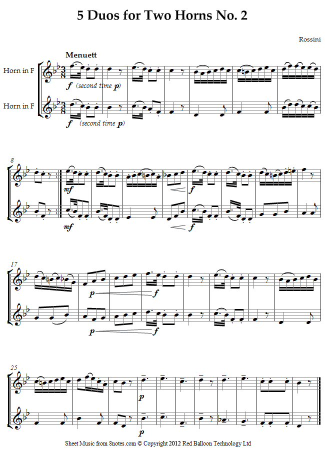 Rossini - 5 Duos No.2 Menuett sheet music for French Horn Duet Rossini - 5 Duos No.2 Menuett sheet music for French Horn Duet