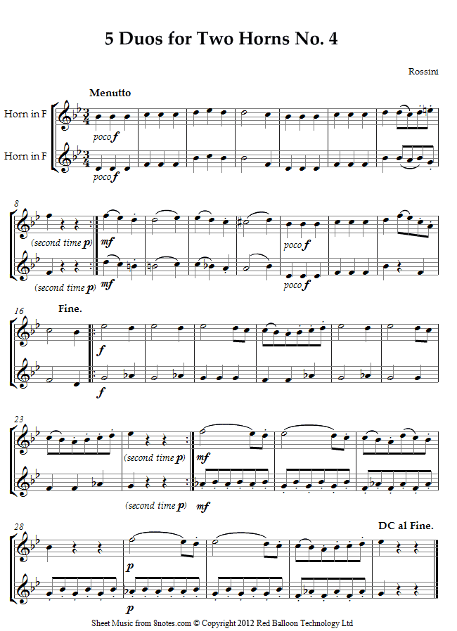 Rossini - 5 Duos No.4 Menutto sheet music for French Horn Duet Rossini - 5 Duos No.4 Menutto sheet music for French Horn Duet