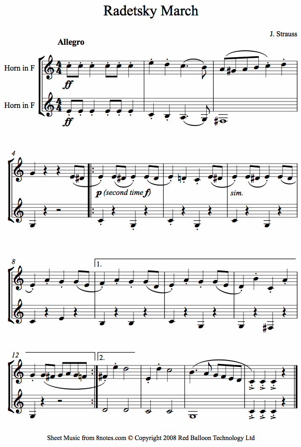 Strauss I - Radetsky March sheet music for French Horn Duet Strauss I - Radetsky March sheet music for French Horn Duet