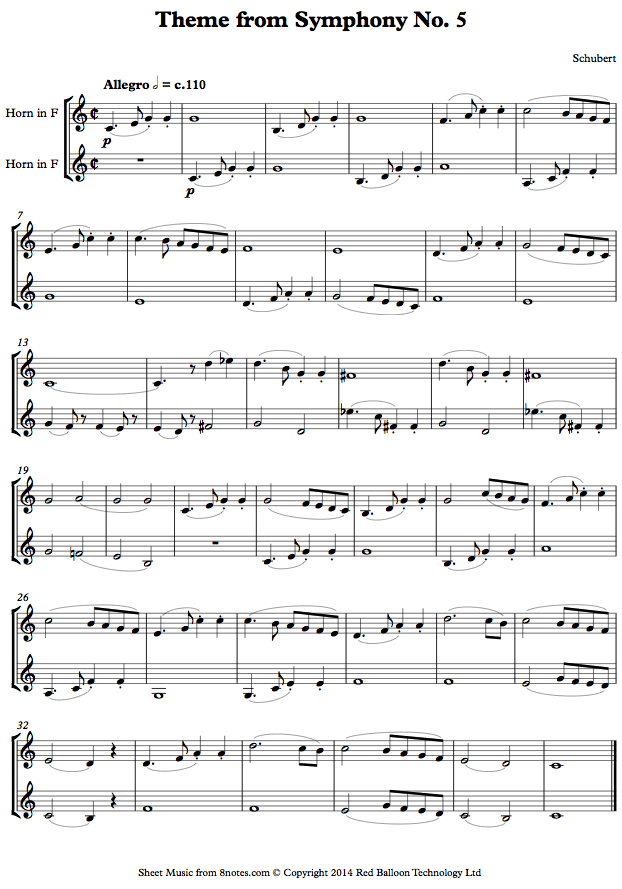Schubert - Theme from Symphony No.5 sheet music for French Horn Duet Schubert - Theme from Symphony No.5 sheet music for French Horn Duet