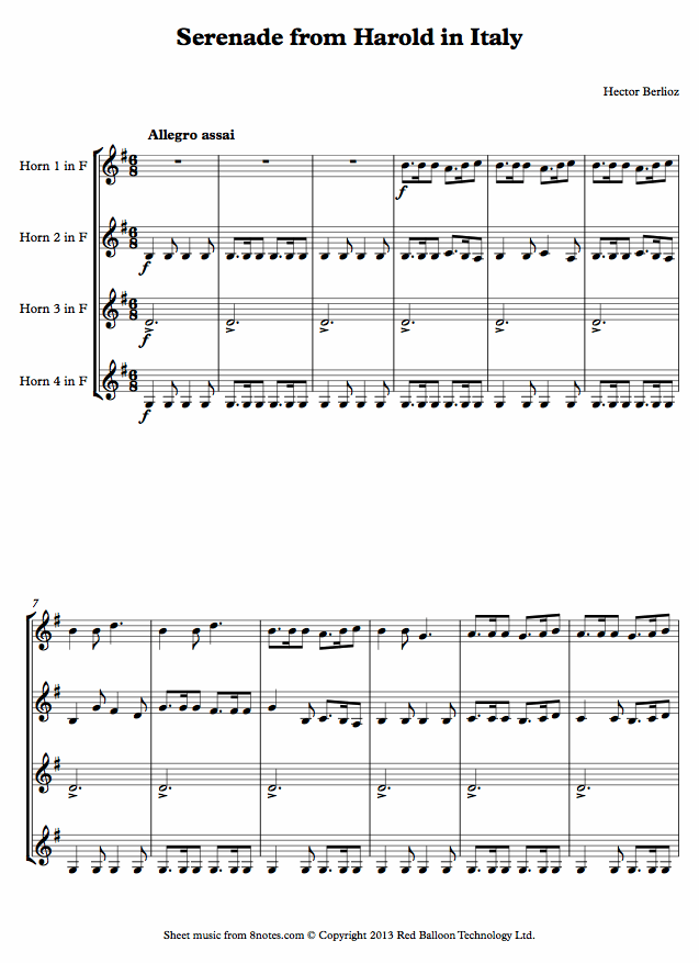 Berlioz - Serenade from Harold in Italy sheet music for French Horn Quartet Berlioz - Serenade from Harold in Italy sheet music for French Horn Quartet