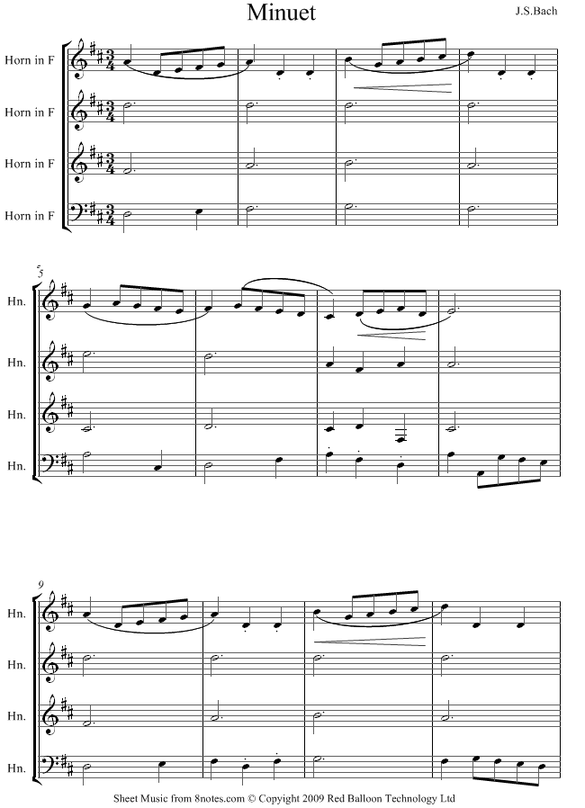 Bach - Minuet sheet music for French Horn Quartet Bach - Minuet sheet music for French Horn Quartet