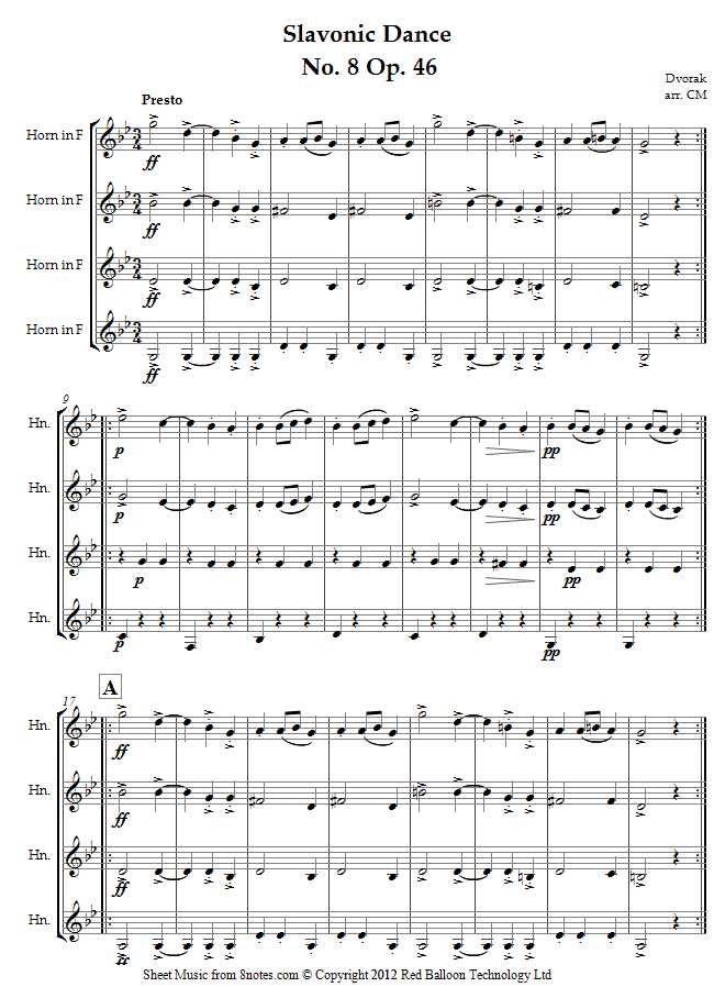 Dvořák - Slavonic Dance No. 8 Op. 46 sheet music for French Horn Quartet Dvořák - Slavonic Dance No. 8 Op. 46 sheet music for French Horn Quartet