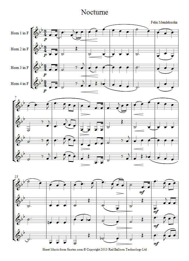 Mendelssohn - Nocturne from Midsummer Nights Dream sheet music for French Horn Quartet Mendelssohn - Nocturne from Midsummer Nights Dream sheet music for French Horn Quartet